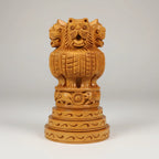 Handcrafted wooden Ashoka pillar statue with 4 lions national emblem