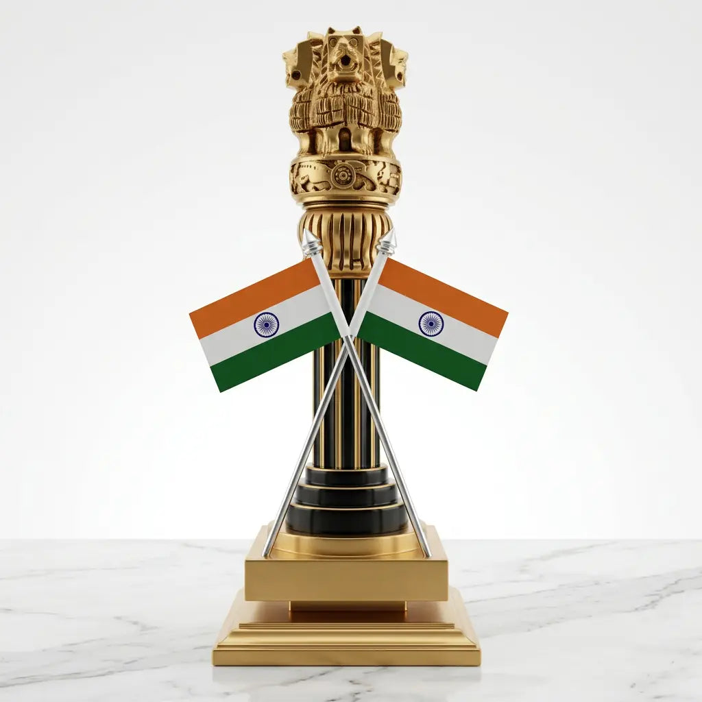 Front view of wooden Ashoka Stambh with two crossed Indian flags, golden carved detailing and a stepped square wooden base