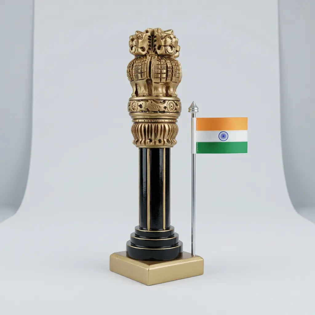 Angled view of wooden Ashoka Stambh showing golden lion carvings, dark brown pillar and Indian tricolour flag