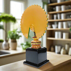 Wooden bird showpiece of a dancing peacock with vibrant hand painting, a captivating addition to any room.

