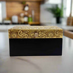 Traditional Indian design, this box combines natural wood texture with engraved brass accents, offering both utility and old-world aesthetics.