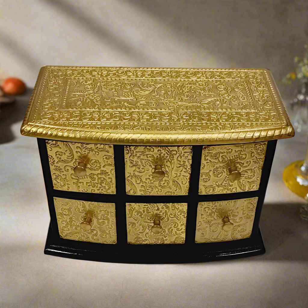 Antique Look Wooden Box with Brass Fitted Drawers – Handcrafted Multipurpose Storage