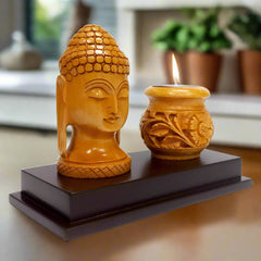 Buddha aIntricately Carved Wooden Buddha Statue – Tealight Holder for Meditation or Decorwith tealight holder