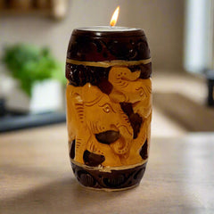 Hand-Carved Wooden Candle Stand with Hand Painting – Rustic Home Decor Accent