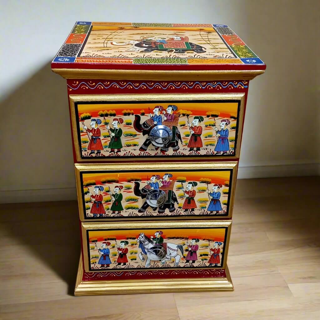 Wooden chest of drawers with hand-painted royal marriage procession design