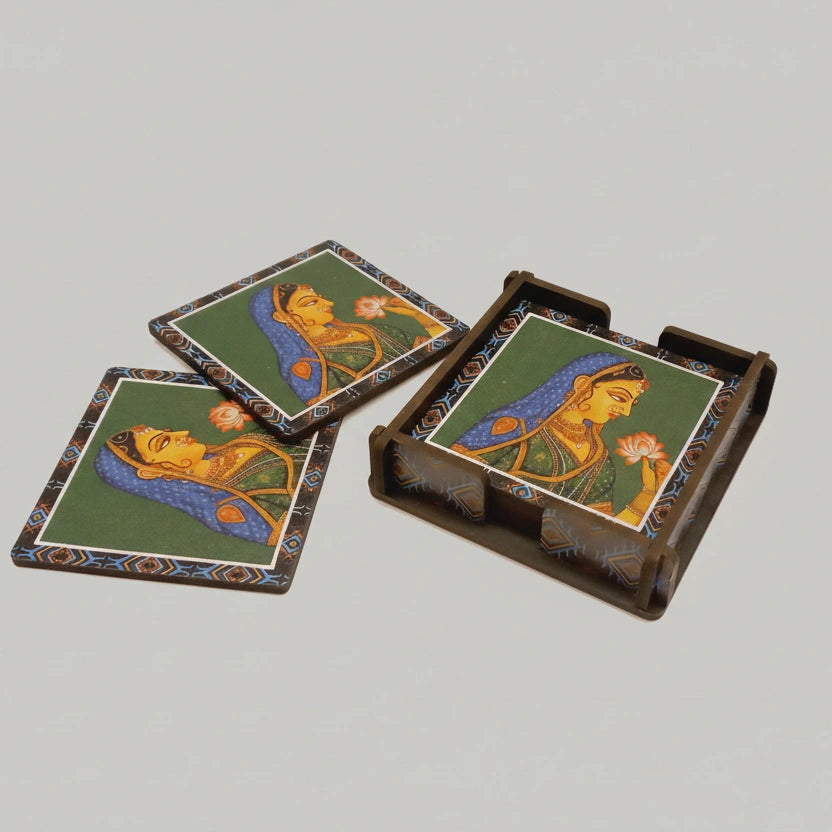 Elegant wooden coasters placed on a modern dining table protecting the surface from a white coffee mug.