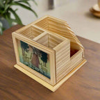 Revolving pine wood desk organizer with traditional Rajasthani gemstone painting and three spacious compartments.