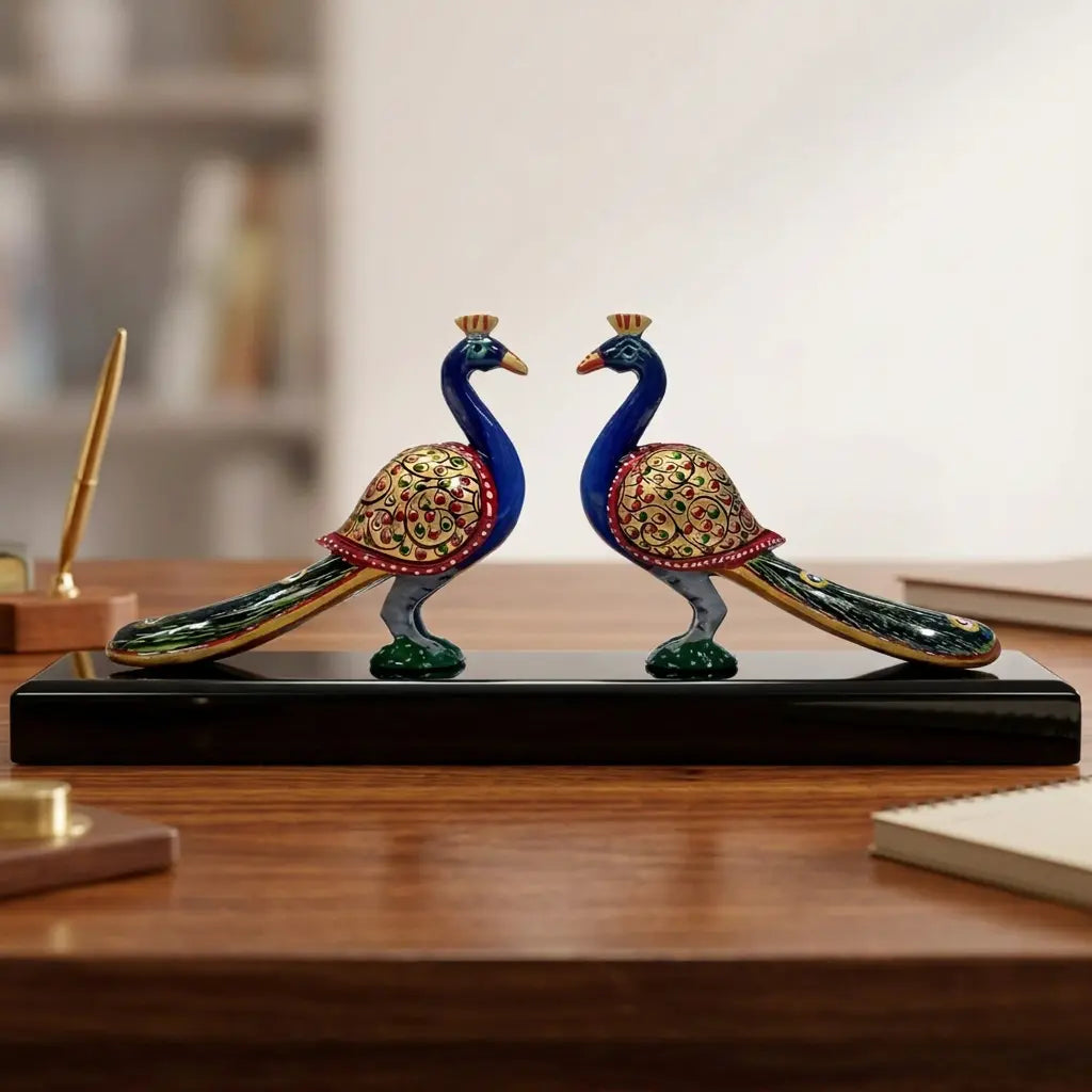 Wooden double peacock showpiece with hand-painted detailing and long tails