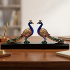 Wooden double peacock showpiece with hand-painted detailing and long tails