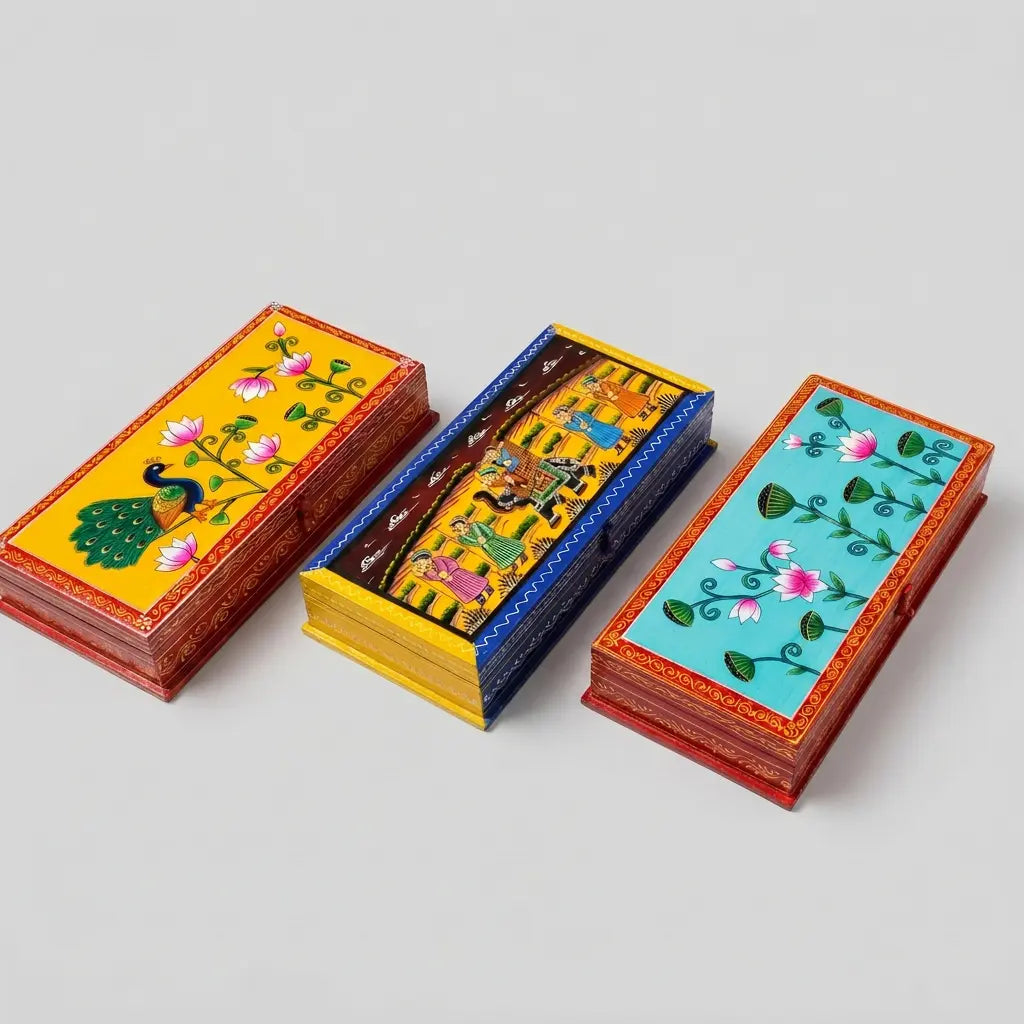 Three wooden dry fruit boxes featuring assorted lotus, peacock and traditional figure paintings
