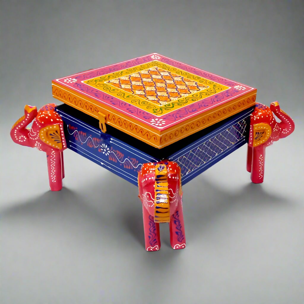 Square wooden jewelry box featuring colorful hand-painted artwork and detailed elephant carvings on all four legs.