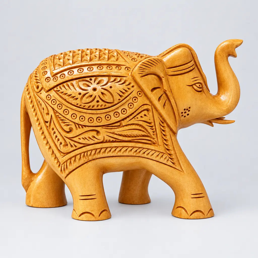 Detailed floral patterns carved on a wooden elephant statue