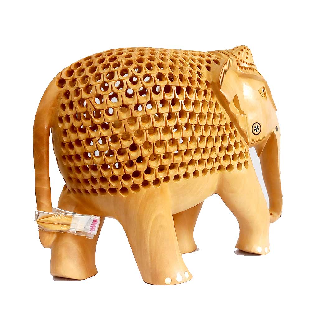 A unique wooden elephant statue with a baby inside, a good gift for an Indian art lover.