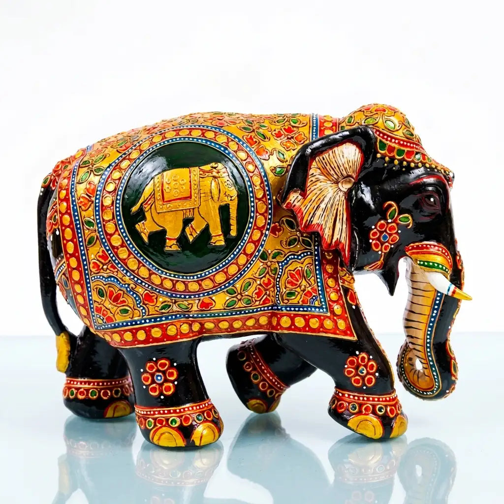 Right-facing wooden elephant with a golden elephant medallion, red floral patterns and blue edging on the decorative panel