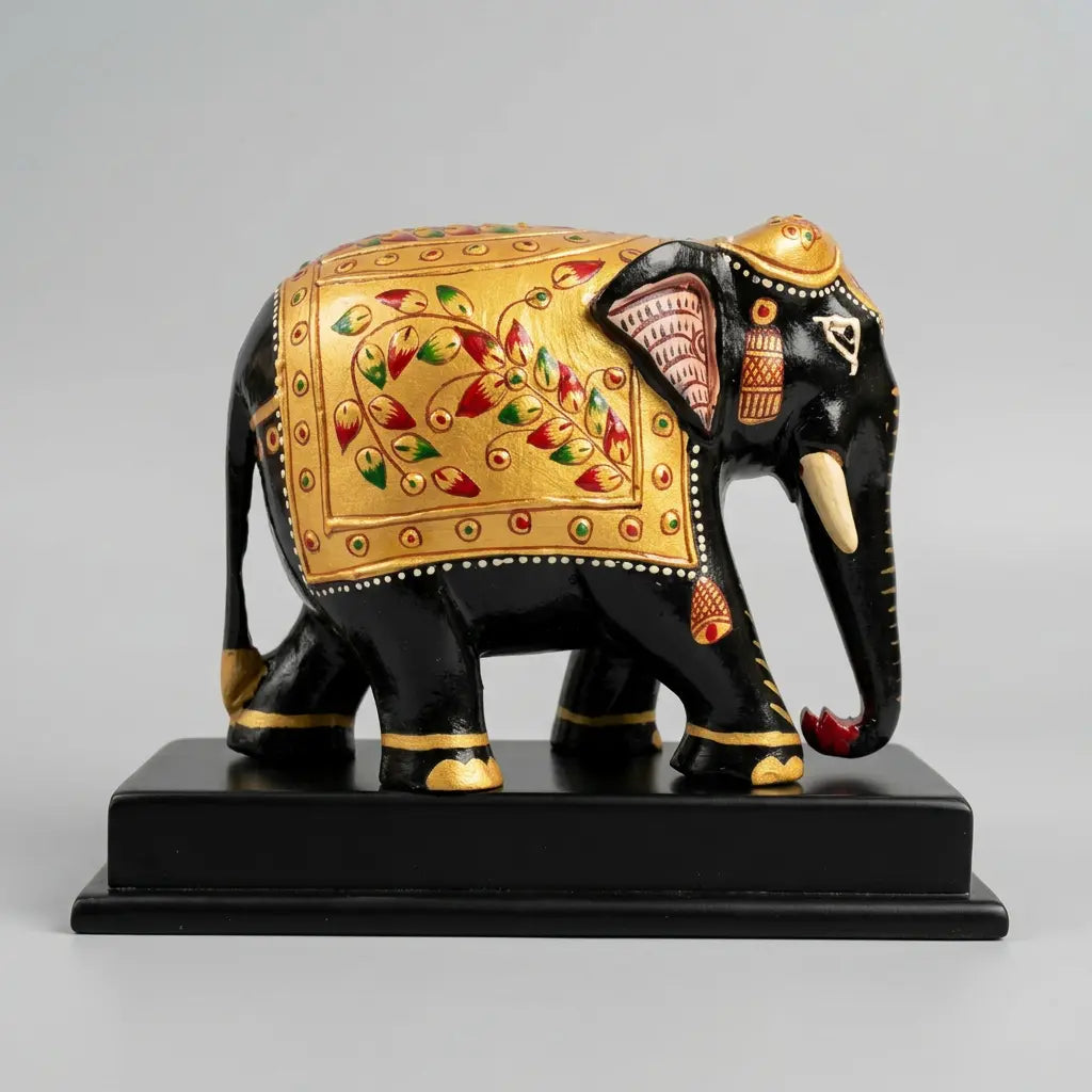 Side view of a black wooden elephant memento with gold floral painting and a downward trunk on a polished platform