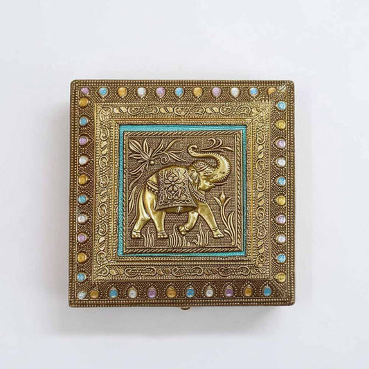 Wooden dry fruit gift box covered in embossed metal elephant sheet