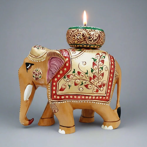 Wooden elephant tea light candle holder with exquisite hand-painted floral emboss work.