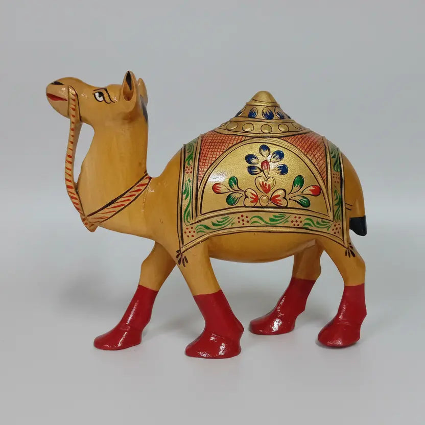 Wooden Emboss Painting Camel Statue – Floral Back Cushion, Multi-Colour Lacquer Polish Finish