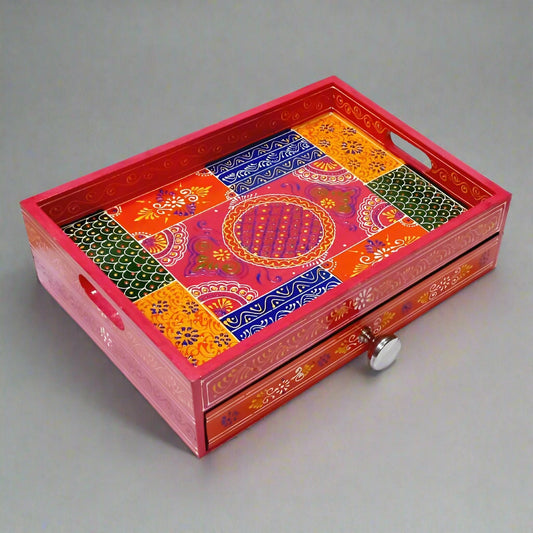 Wooden hand-painted tray with built-in drawer storage, featuring vibrant designs and compartments for kitchen or office use.