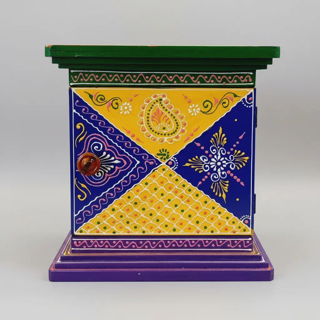 Wooden hand-painted mini cabinet with single side-opening door – front view
