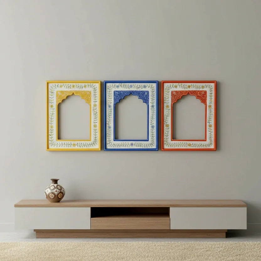 Wooden Painted Jharokha Frame Set of 3 in Blue Yellow and Orange for Wall Decor
