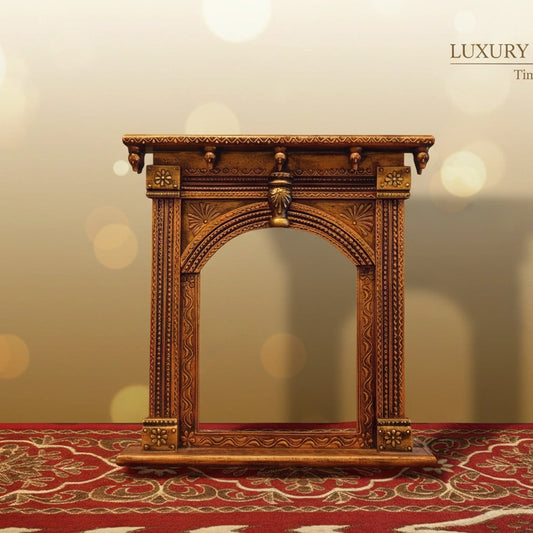 Traditional wooden Jharokha mounted on a living room wall as luxury home decor.