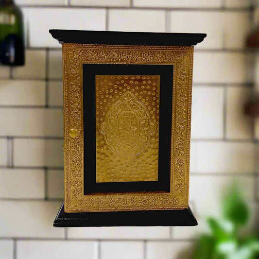 Decorative wooden key holder with a closed-box design and intricate metallic accents for a timeless look.