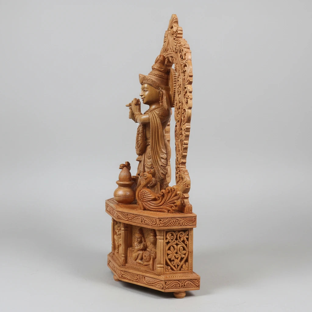 Hexagonal base of wooden Krishna idol with Radha Krishna, Bal Gopal and Govinda carvings