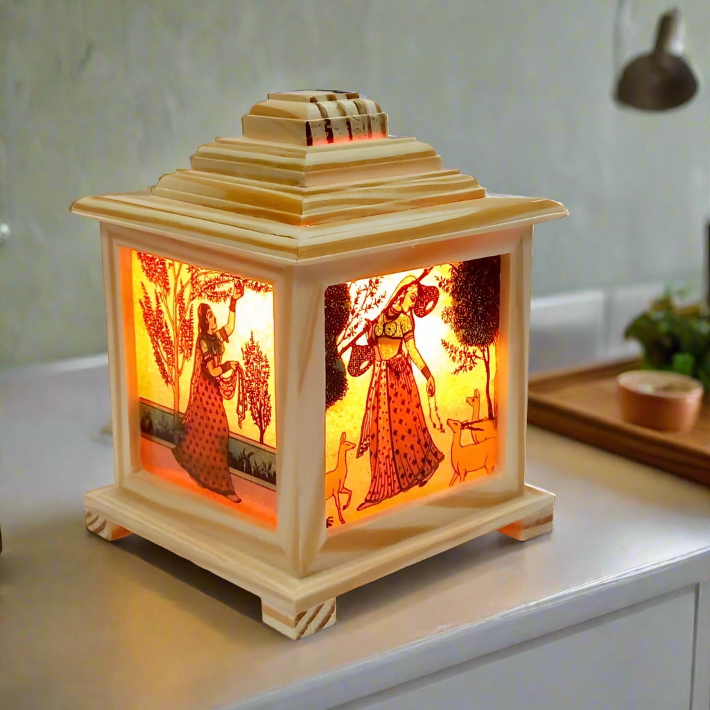 Handcrafted wooden lamp with colorful gemstone painting and pine wood finish, creating a warm and artistic glow.