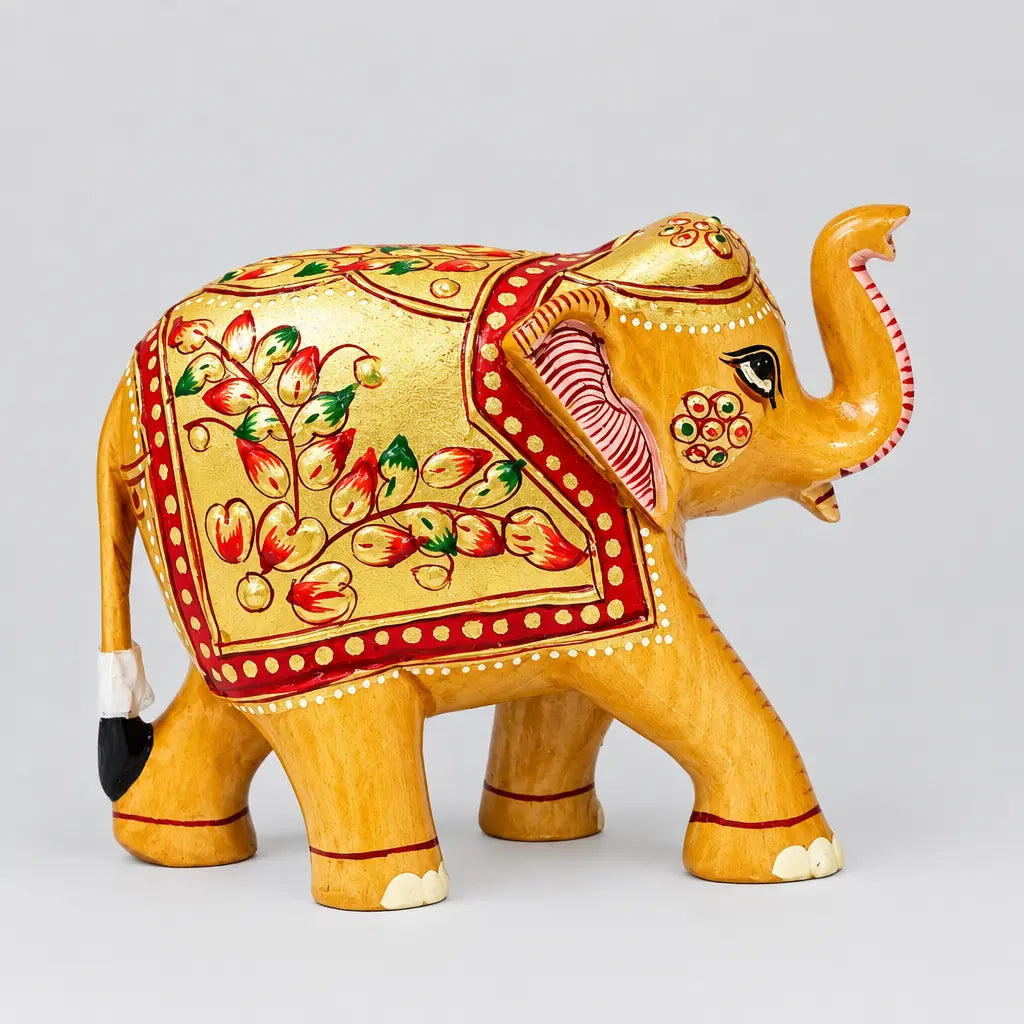 Beautifully displayed wooden lucky elephant statue, perfect for housewarming and new venture gifting.