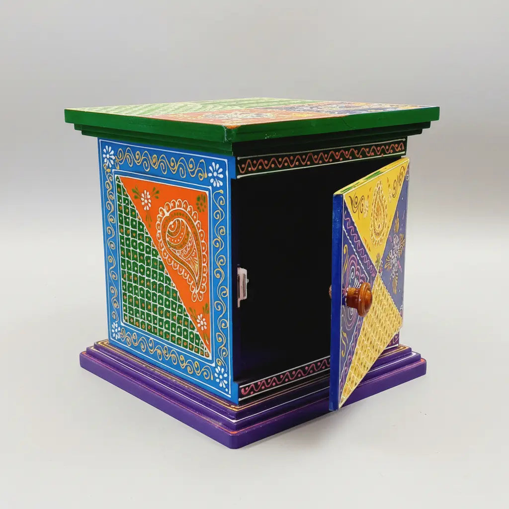 Wooden mini almirah with door open showing inside storage space