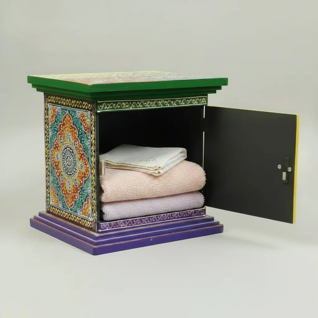 Close-up of intricate hand-painted floral design on wooden mini cabinet