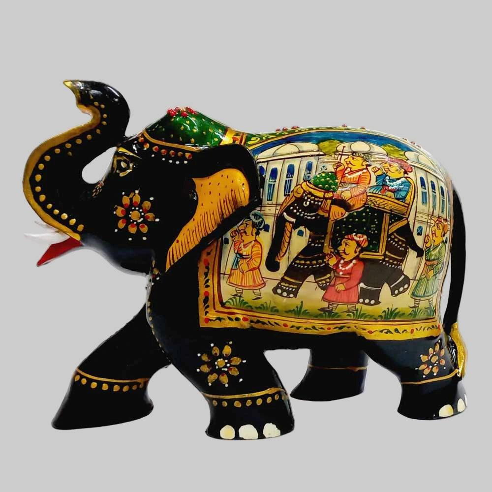 Wooden miniature painting elephant statue with fine Mughal artwork, handmade in Jaipur