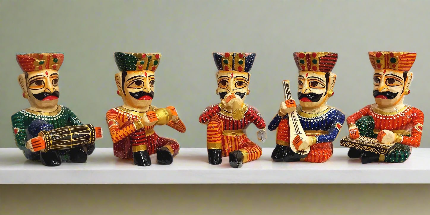 Colorful Bawla figurines of Rajasthani men with pagdi and musical instruments