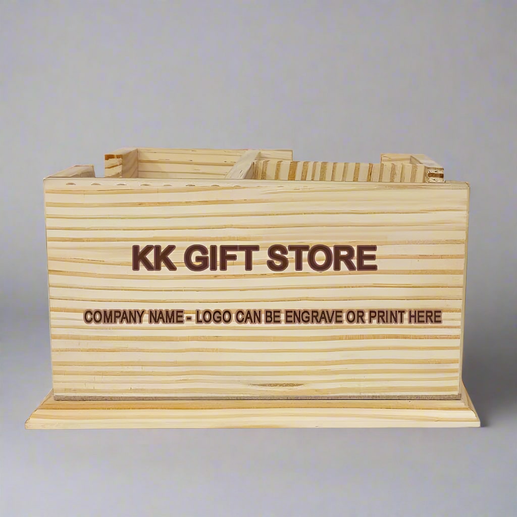 Three-compartment wooden organizer for tidy office desks with customizable logo area