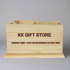 Three-compartment wooden organizer for tidy office desks with customizable logo area
