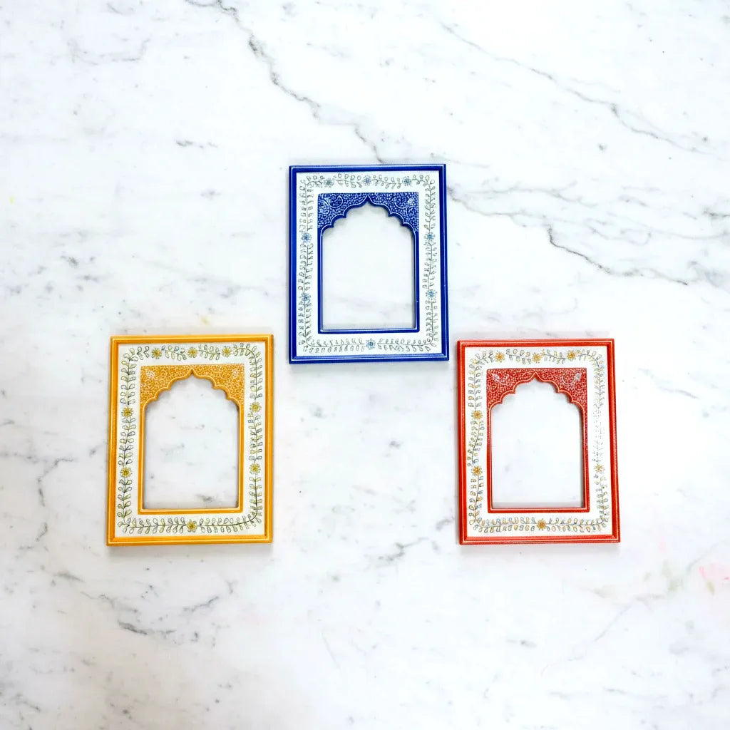 Wooden Painted Frame for Wall Decor - Handcrafted Jharokha in Blue Yellow and Orange
