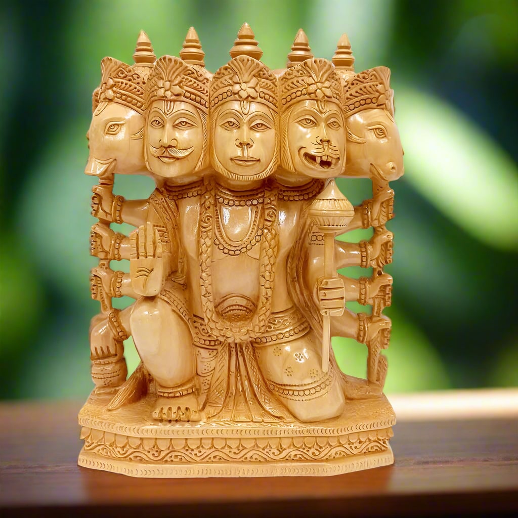 Handcrafted wooden Panchmukhi Hanuman idol with five faces, traditional Indian handicraft