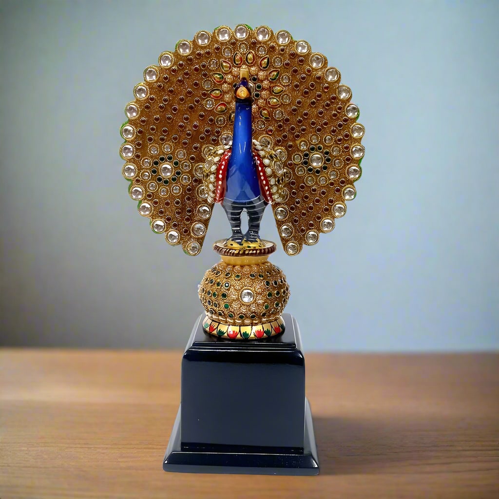 Intricately carved wooden peacock memento in dancing pose