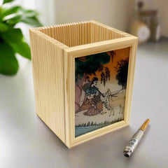 Elegant Wood Desk Organizer with Gemstone Art – Pencil and Pen Storage Holder