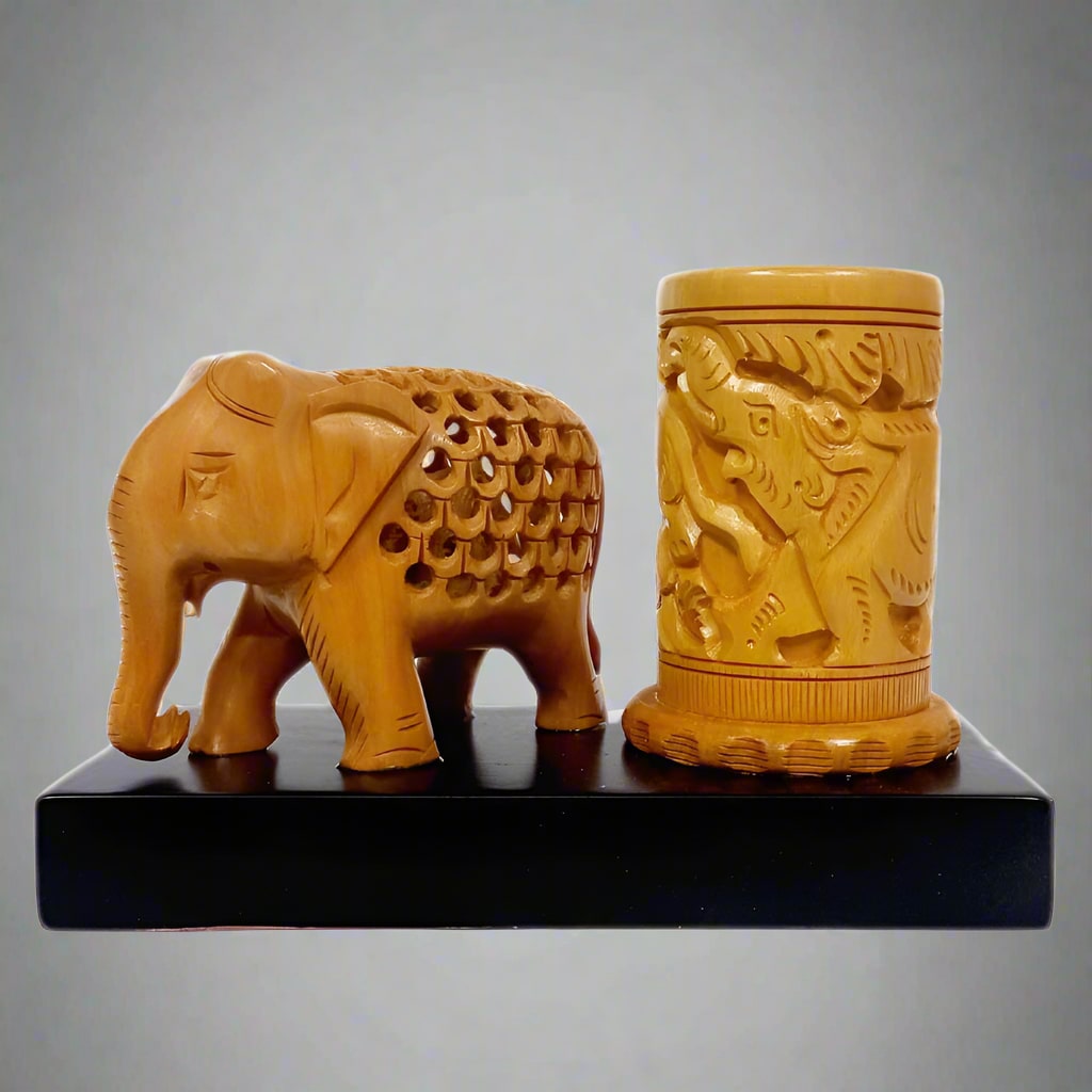 Wooden Pen Holder with Intricately Carved Undercut Elephant Statue – Artisan Desk Decor