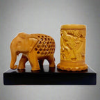 Wooden Pen Holder with Intricately Carved Undercut Elephant Statue – Artisan Desk Decor
