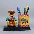 Wooden pen stand organizer on office desk with pens handmade Indian wood craft