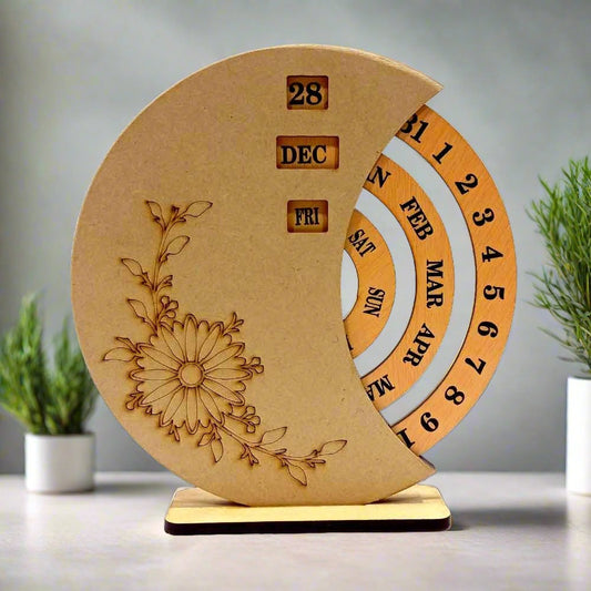 A wooden perpetual calendar with a simple, decorative design.