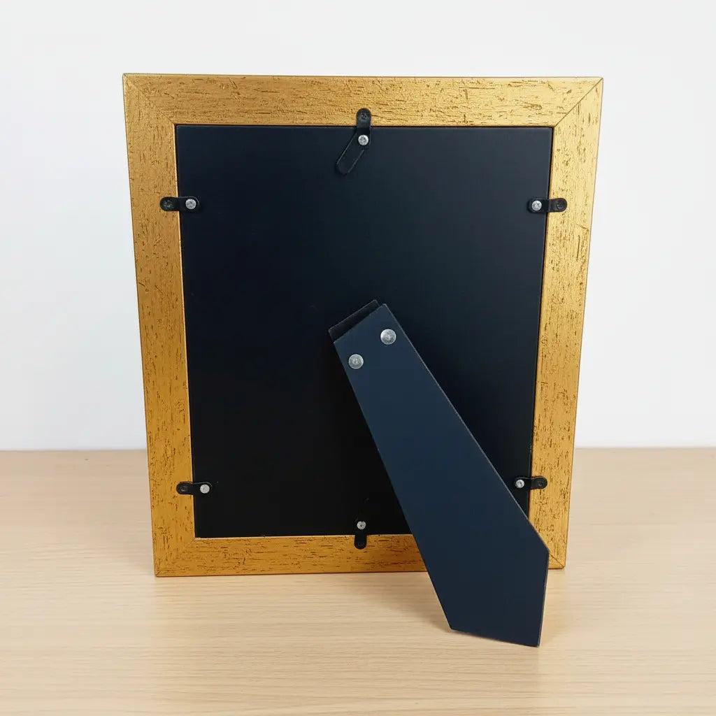 Handcrafted wooden photo frame – back side view showing antique finish and metal floral work
