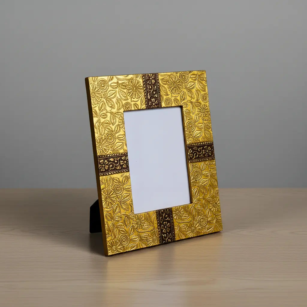 Handcrafted wooden photo frame with floral metal sheet design in antique finish
