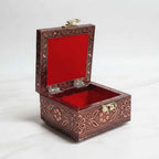 Open view showing velvet-lined interior of handmade Pichwai wooden trinket box