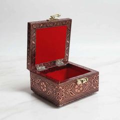 Open view showing velvet-lined interior of handmade Pichwai wooden trinket box