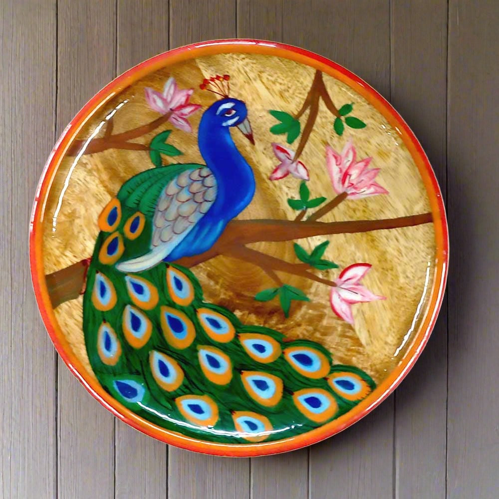 A beautiful wooden plate with hand-painted details, ideal for home decor.