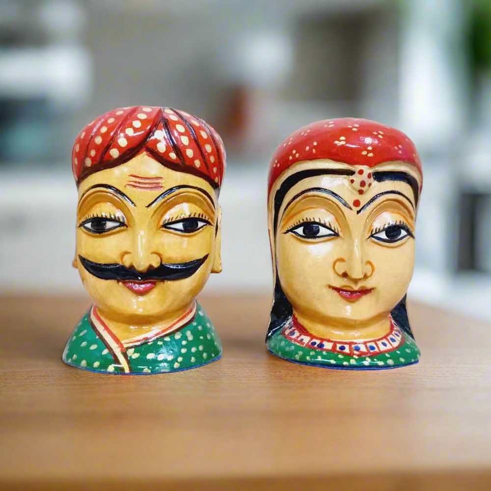 Handcrafted wooden Rajasthani couple figurines with multicolor hand painting